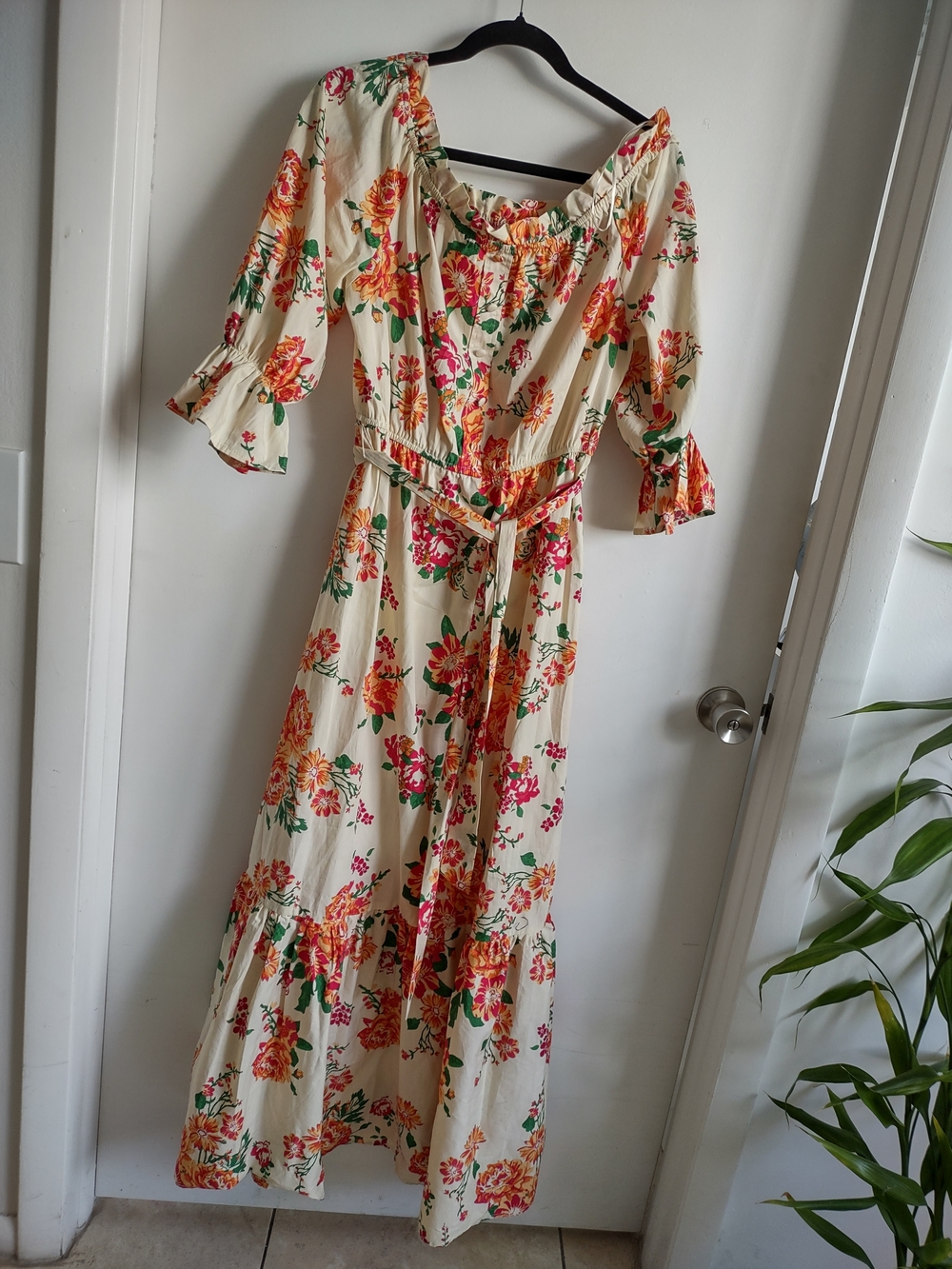 Cream Floral Maxi Dress with Tie Waist and Ruffled Neckline